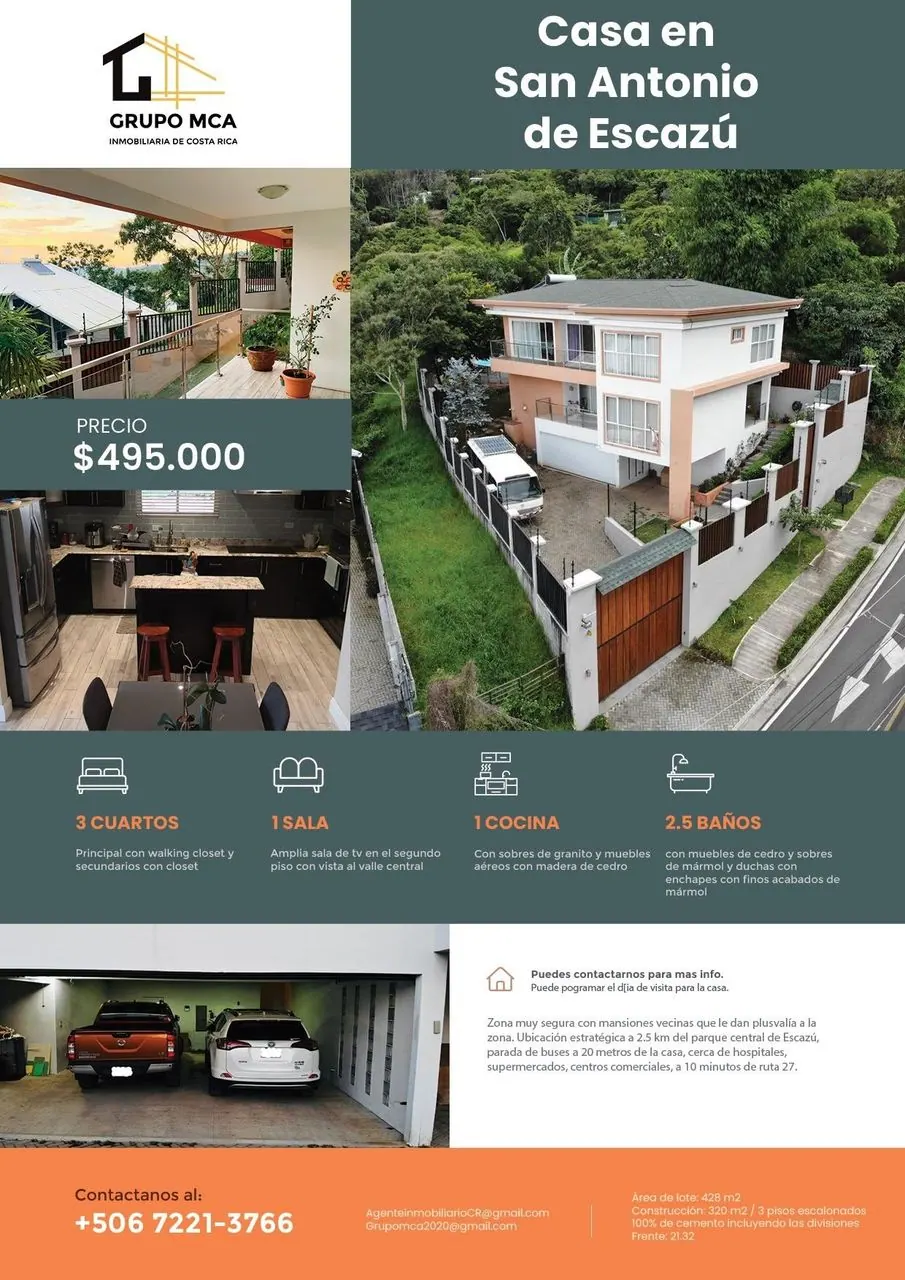 Arte de venta de la casa en San Antonio de Escazú, con fotos y datos
