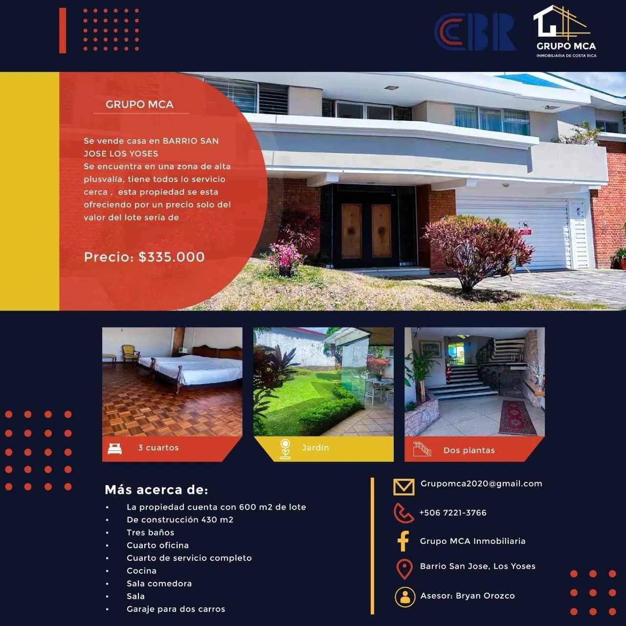 Arte de venta de la casa en Los Yoses publicado por Grupo MCA