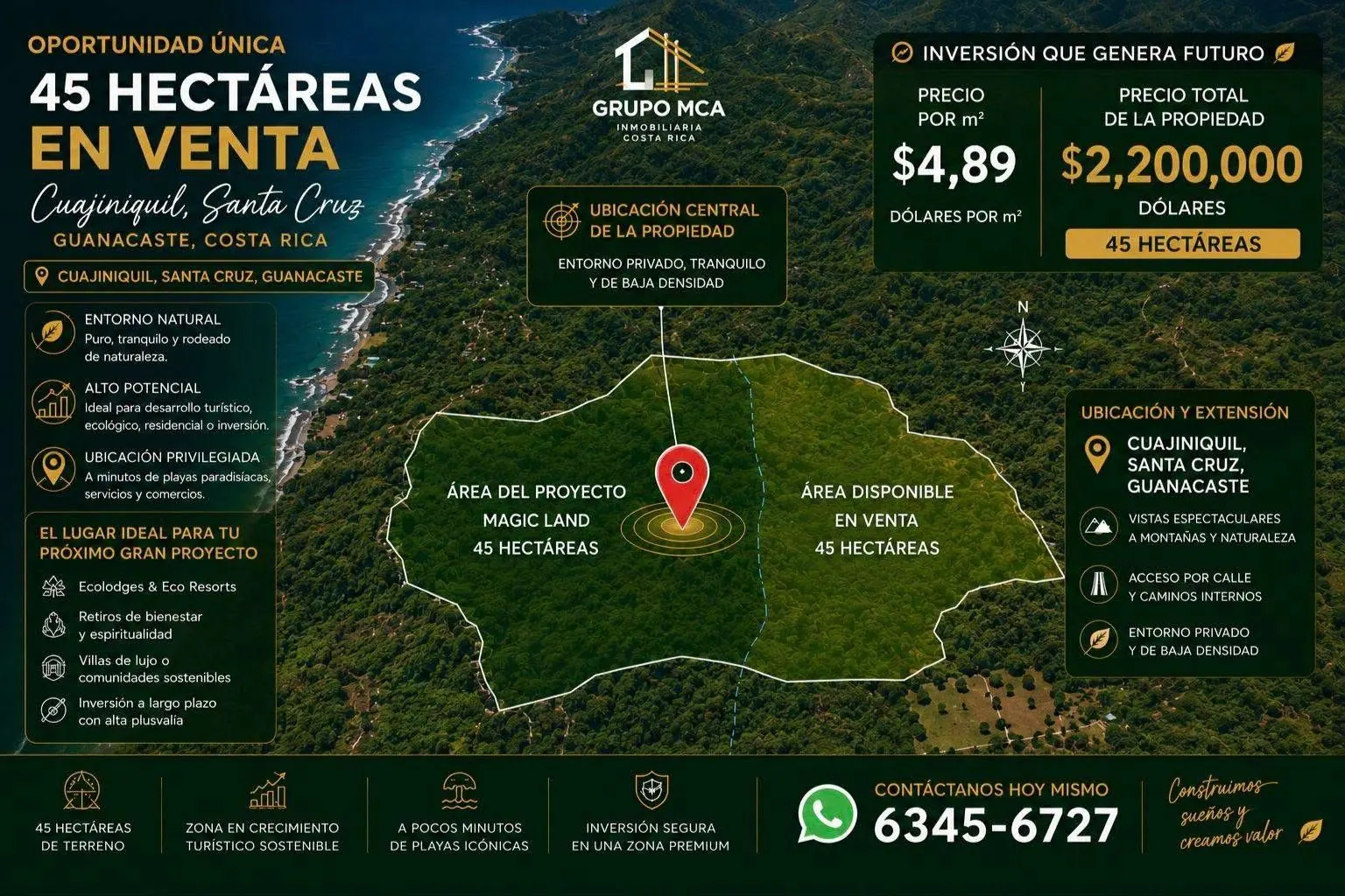 Arte de venta de las 45 hectáreas: contorno de la propiedad sobre la toma aérea, precio y características