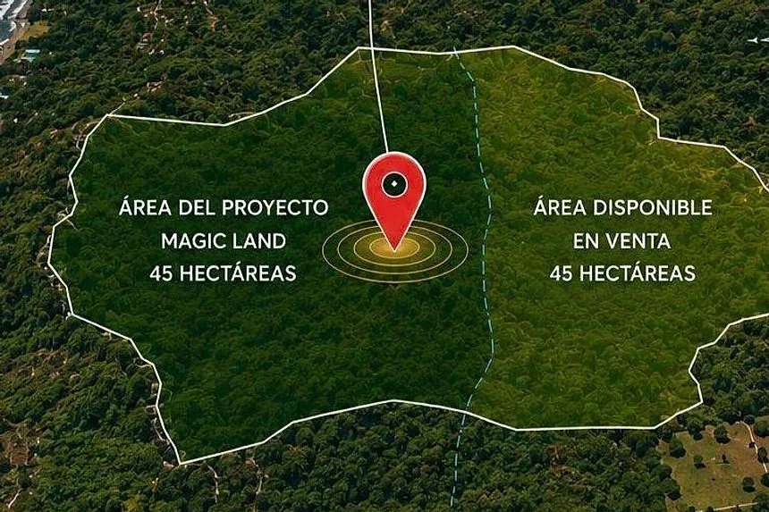 Contorno de la propiedad sobre la toma aérea: área del proyecto Magic Land y área disponible en venta